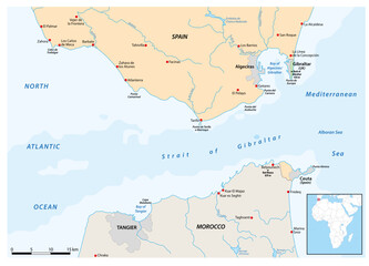 Vector map of the Strait of Gibraltar, waterway between Spain and Morocco