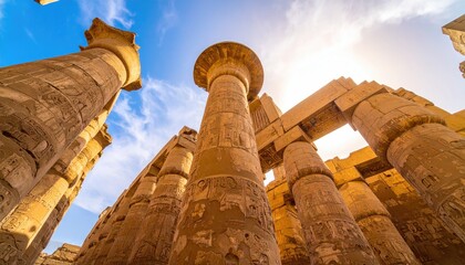 Ancient temple columns soar against blue sky, sunlight