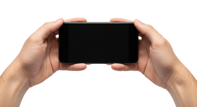 Hands holding a smartphone horizontally with a blank screen isolated on a transparent background mobile phone