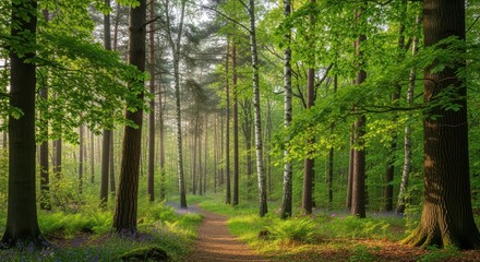 Fototapeta premium Sunlight streams through the canopy of a lush forest offering a tranquil escape into nature's