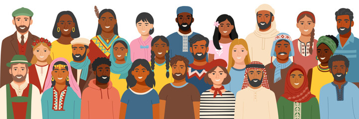 Flat vector illustration of a diverse group of people from different cultures in traditional clothing. Concept of equality, cultural diversity, friendship, inclusion. Vector template.