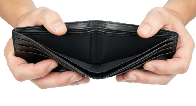 Hands holding open empty leather wallet with card slots isolated on a transparent background image - Powered by Adobe