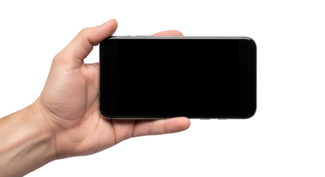 Human hand holding a smartphone horizontally with a blank screen isolated on a transparent background