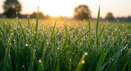 Dewdrops on green grass in the soft morning sunlight