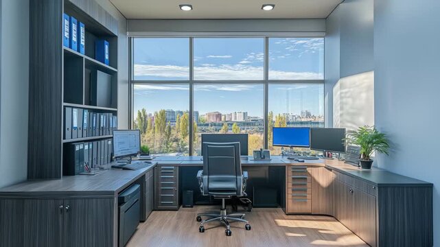 A well-organized office features two computers, a stylish desk chair, and ample storage.