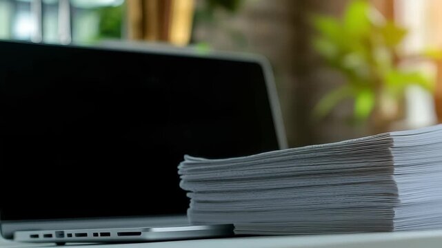 A neat stack of newspapers is placed next to a laptop on a wooden table. Sunlight filters through large windows, highlighting the greenery of indoor plants in the background.
