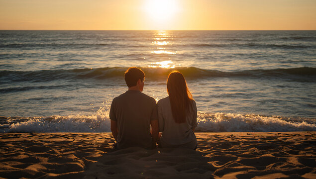 Young couple shares a romantic moment watching a vibrant sunset over the ocean waves from a sandy beach. - Powered by Adobe