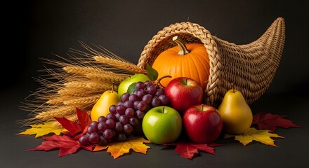 Abundant cornucopia overflowing with autumn harvest fruits vegetables and fall leaves