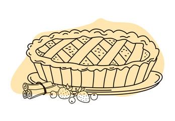 Hand-Drawn Pie with Fruit and Cinnamon Vector Illustration
