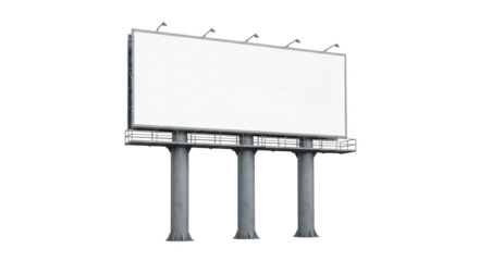 Large outdoor advertising billboard structure with blank white screen and lighting isolated on a transparent background
