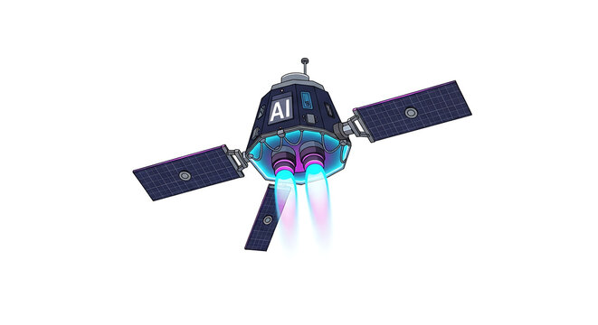 A futuristic spacecraft with solar panels and glowing engines on a white background.