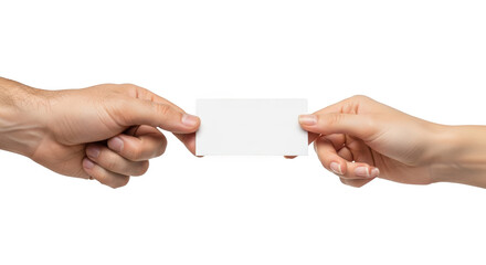 Male and female hands holding a blank white business card isolated on a transparent background image