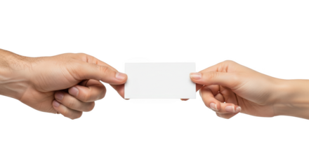 Male and female hands holding a blank white business card isolated on a transparent background image