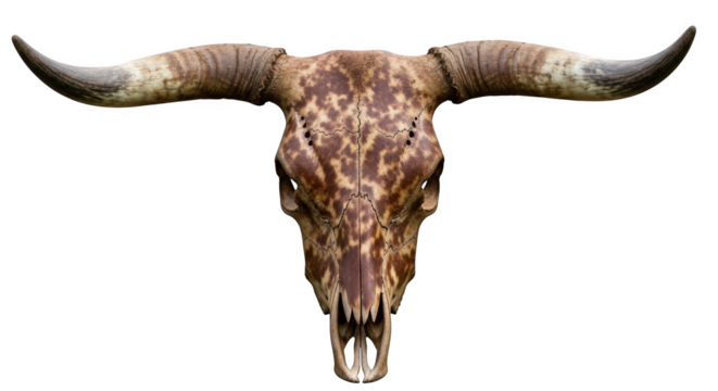 Longhorn cattle skull with patterned brown and tan markings and curved horns isolated on a transparent background