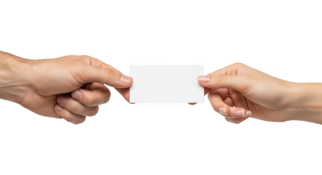 Male and female hands holding a blank white business card isolated on a transparent background image - Powered by Adobe