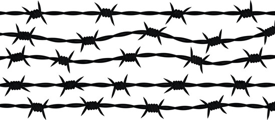 Barbed wire strand set, six twisted designs, sharp fencing texture, metal security concept, protective barrier, danger symbol, industrial wire pattern