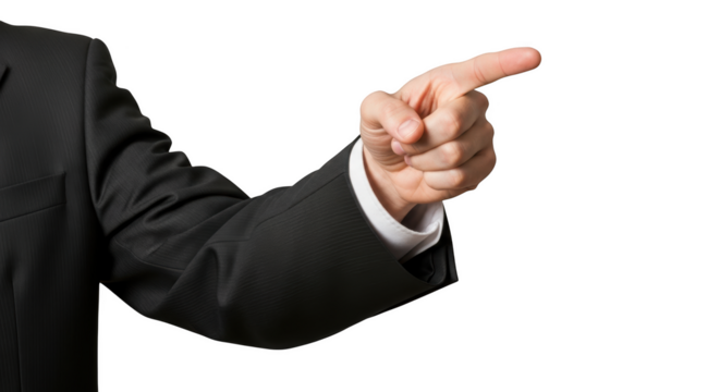 Man in dark pinstripe suit pointing finger with white shirt cuff visible isolated on a transparent background
