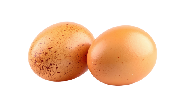 Two brown eggs, one with speckles, isolated against a solid black background. Smooth shell texture visible