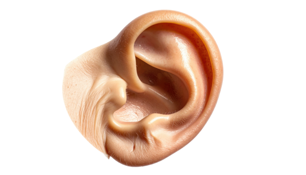 A close-up view of a detached human ear, isolated against a black backdrop, showcasing detailed anatomy and textures