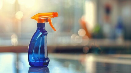 A blue spray bottle with an orange nozzle sits on a reflective surface. Soft sunlight illuminates the background, creating a clean and fresh atmosphere.