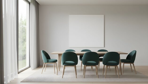 A modern dining room with a large wooden table and eight plush teal chairs, set against a minimalist wall with a blank canvas. - Powered by Adobe