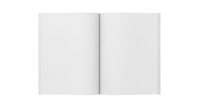 Open blank white book with clean pages and spine detail isolated on a transparent background image