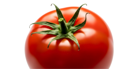 Close up of a fresh ripe red tomato with green stem against on transparent background