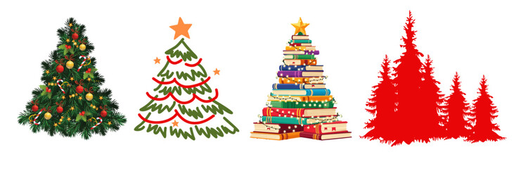 Compilation of four distinct christmas tree illustrations: decorated, stylized, book stack, and silhouette