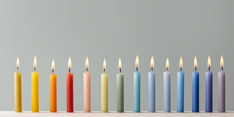 Colorful Hanukkah candles arranged in rainbow order on soft background