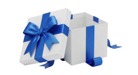 Open white gift box with blue ribbon and bow isolated on a transparent background open box white box