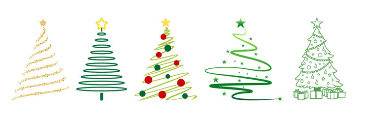 Collection of five stylized green and gold christmas trees with stars and gifts, isolated on white