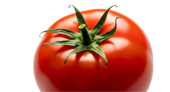Close up of a fresh ripe red tomato with green stem against on transparent background