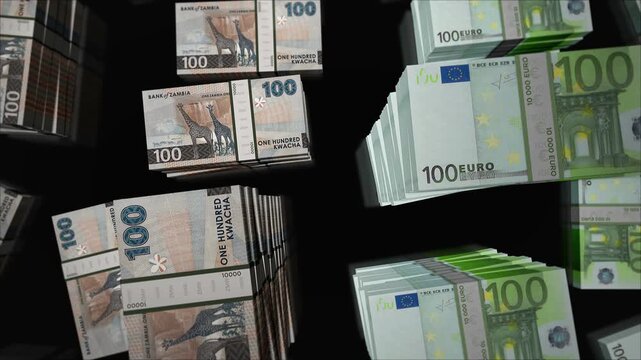 Euro and Zambia kwacha Zambian money money exchange. Paper banknotes pack bundle. Concept of trade, economy, competition, crisis, banking and finance. Notes loopable seamless 3d animation.