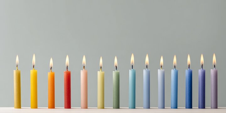 Colorful Hanukkah candles arranged in rainbow order on soft background