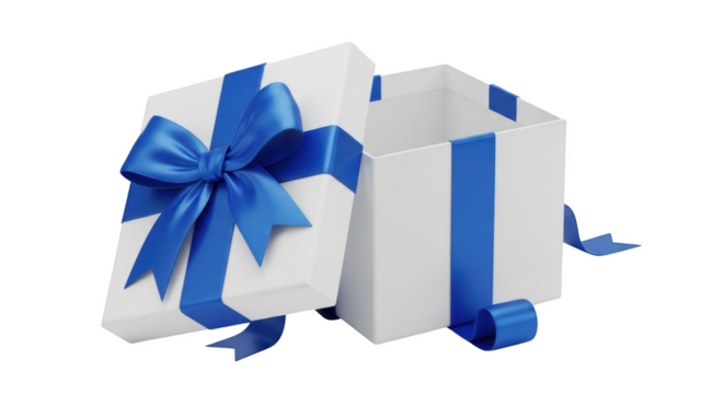 Open white gift box with blue ribbon and bow isolated on a transparent background open box white box