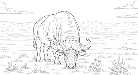 African Buffalo Coloring Page Detailed Illustration of a Powerful Wild Animal Grazing in Savanna Landscape