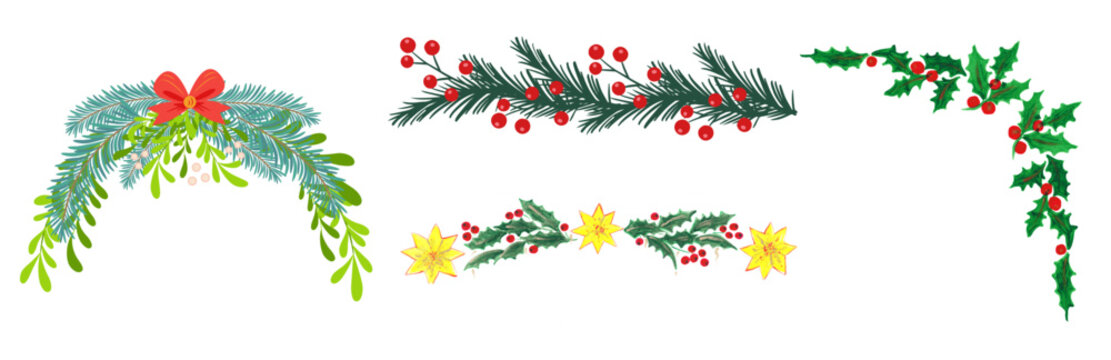 Christmas floral elements with pine, holly, poinsettia and red bow on white background.