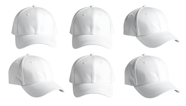 Six crisp, white baseball caps are presented, in various front-facing and angled perspectives against a transparent background