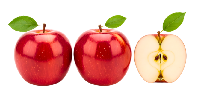 Two whole red apples and one sliced apple in a studio shot on transparent background