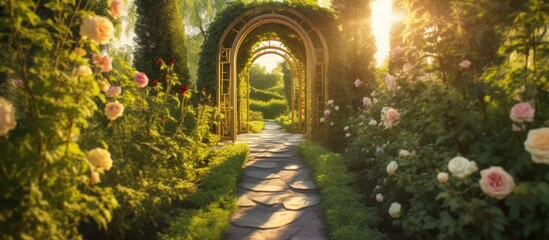 Fototapeta premium a lush, verdant garden tunnel with an arched stone entrance, lush greenery and flowers lining the path, warm golden sunlight streaming through, creating a serene and enchanting atmosphere, a magical, 