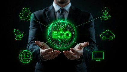 Dedicated businessman holds glowing green Earth with eco symbols, symbolizing sustainability and future growth in technology driven world