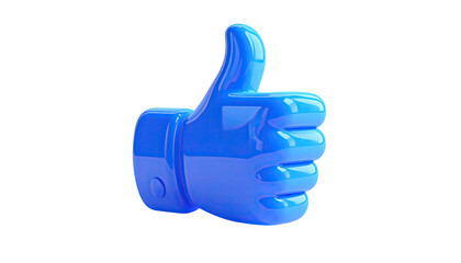 A glossy blue, three-dimensional hand in a thumbs-up gesture against a black backdrop