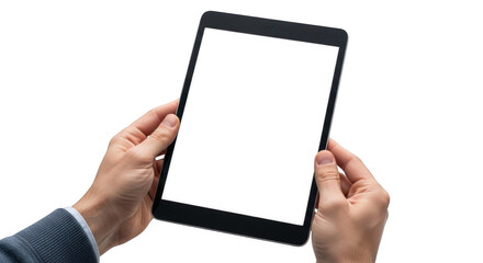 Person holding a tablet computer with a blank white screen in hands isolated on a transparent background