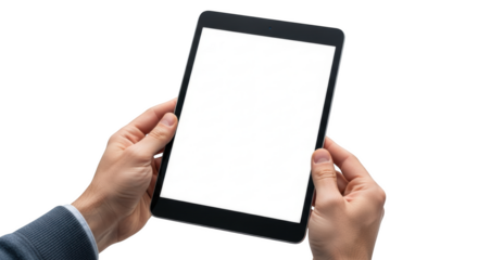 Person holding a tablet computer with a blank white screen in hands isolated on a transparent background