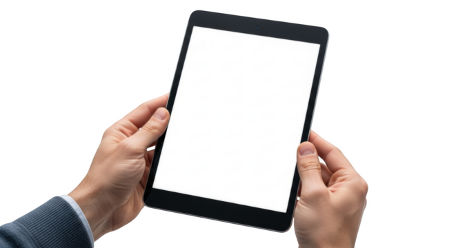 Person holding a tablet computer with a blank white screen in hands isolated on a transparent background
