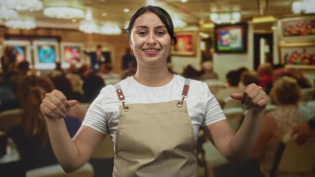 Woman wearing apron raises both hands and looks up amid seated gallery audience in a building filled with framed art; surprise wonder.