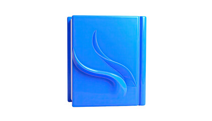 Glossy blue 3D icon of a book-like shape with an abstract leaf design