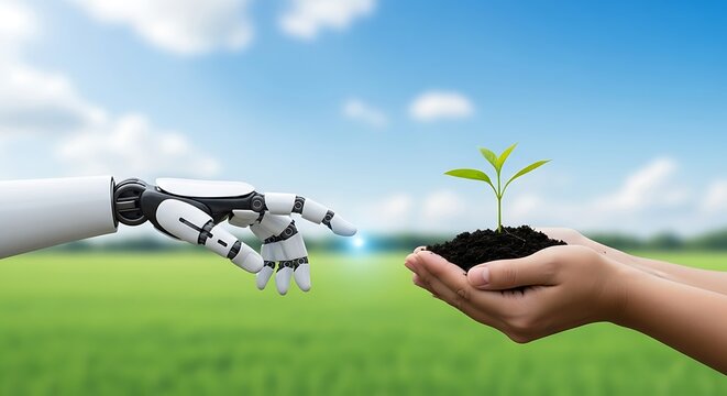 Robot hand offers plant to human hands robot arm artificial intelligence