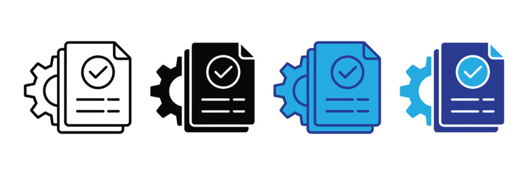 Document process management and approved settings icon set with gear and checkmark symbol isolated on white background