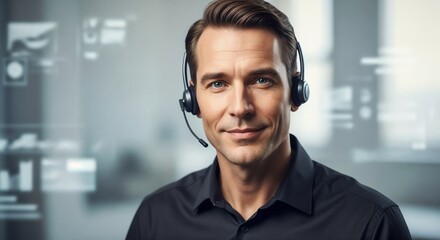 A professional customer support agent wearing a headset smiles confidently in a modern office environment, representing communication, service, technical assistance, and reliable client support in a c